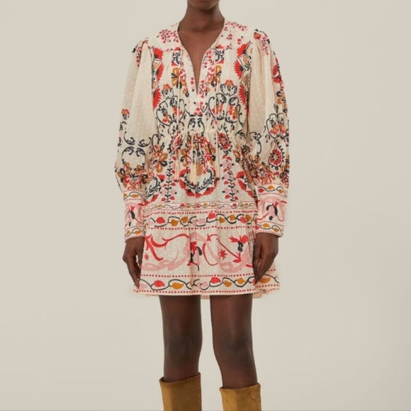 FARM Rio Dresses & Skirts - Farm RIO Cashew Mandala Mini‎ Dress Cream Puff Sleeve Boho